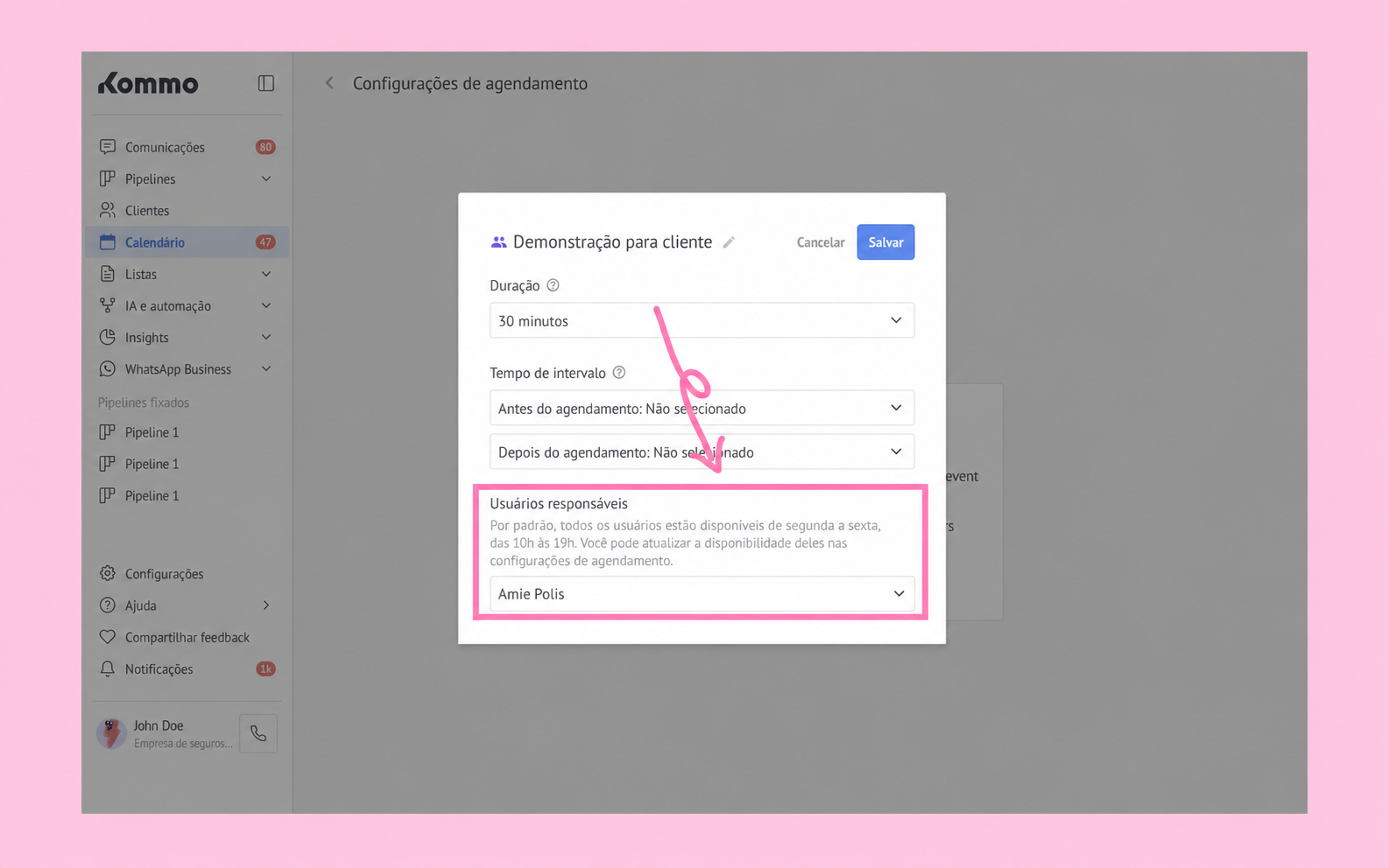 Scheduling settings for a client demonstration, highlighting responsible users and availability.